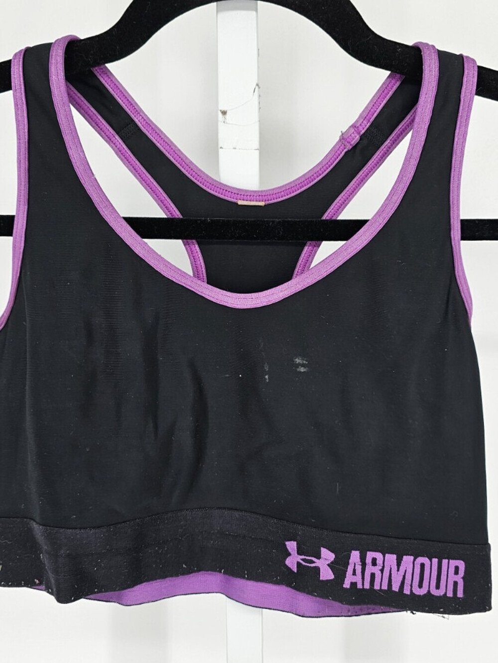 Under Armour Womens Sz M Racerback Sports Bra Black w/ Purple Trim